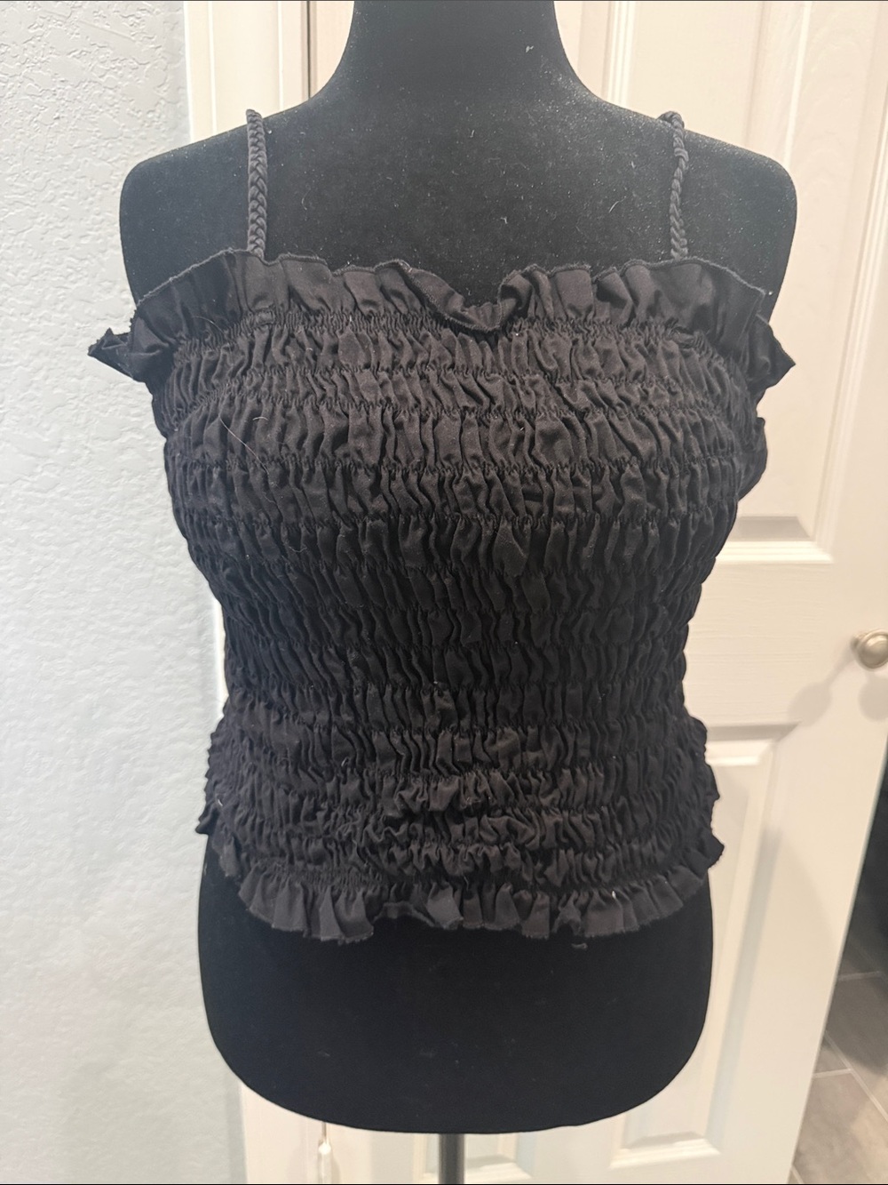 Smocked Black Ruffle Camisole with Braided Straps